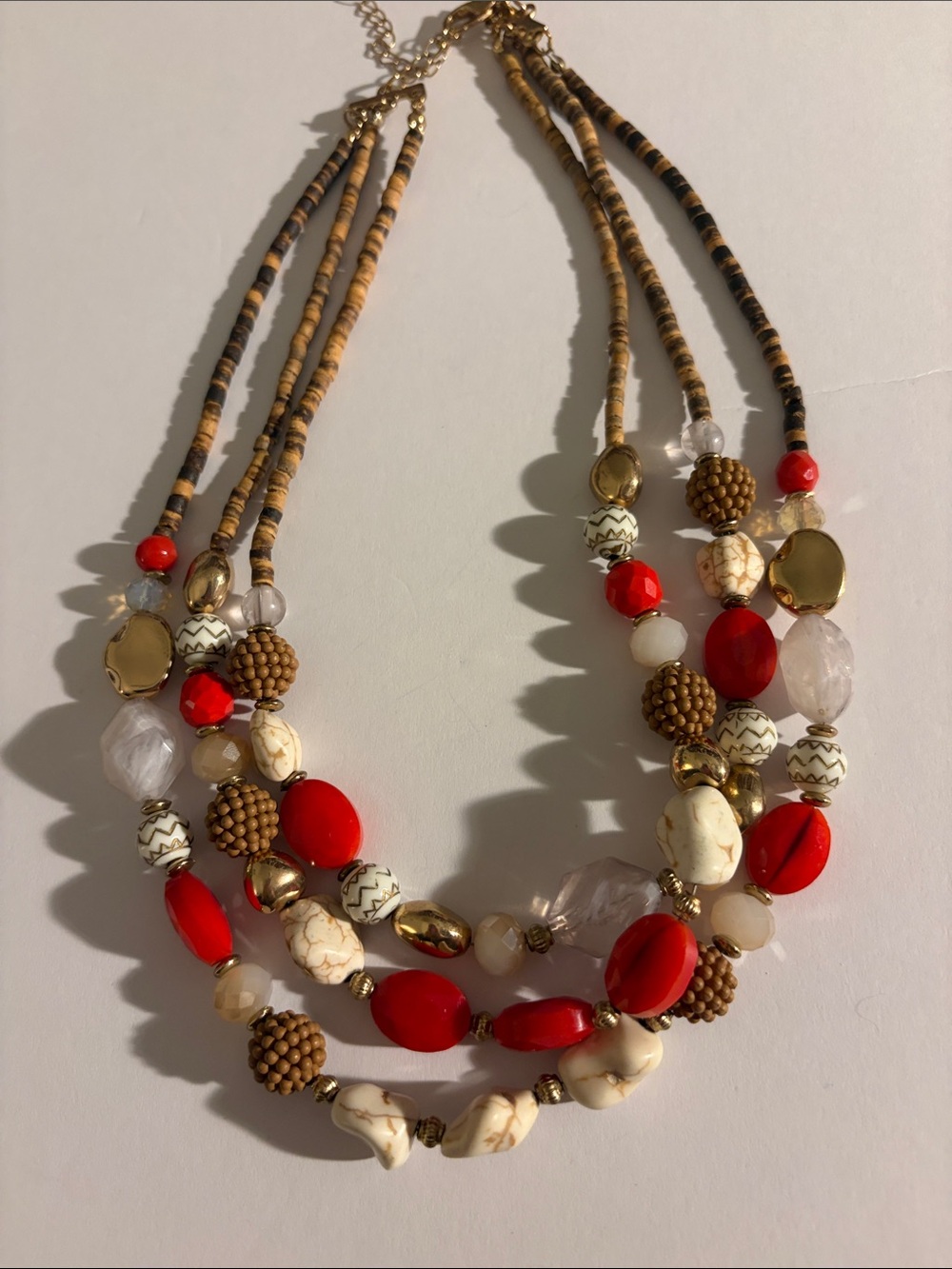 Multi-Strand Red and Cream Beaded Statement Necklace